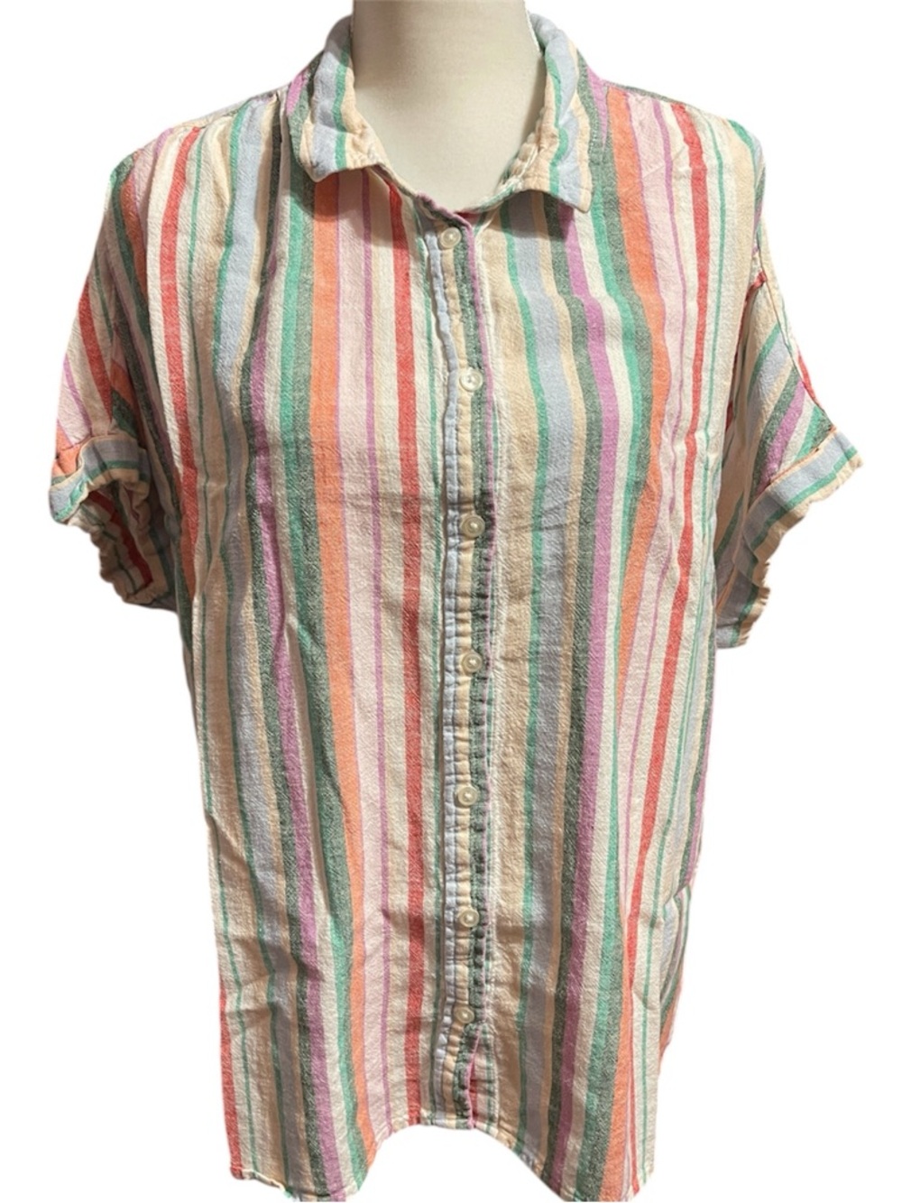 Striped Linen Blend Womens Button Down Short Sleeve Shirt XXL 20 Beach Summer
